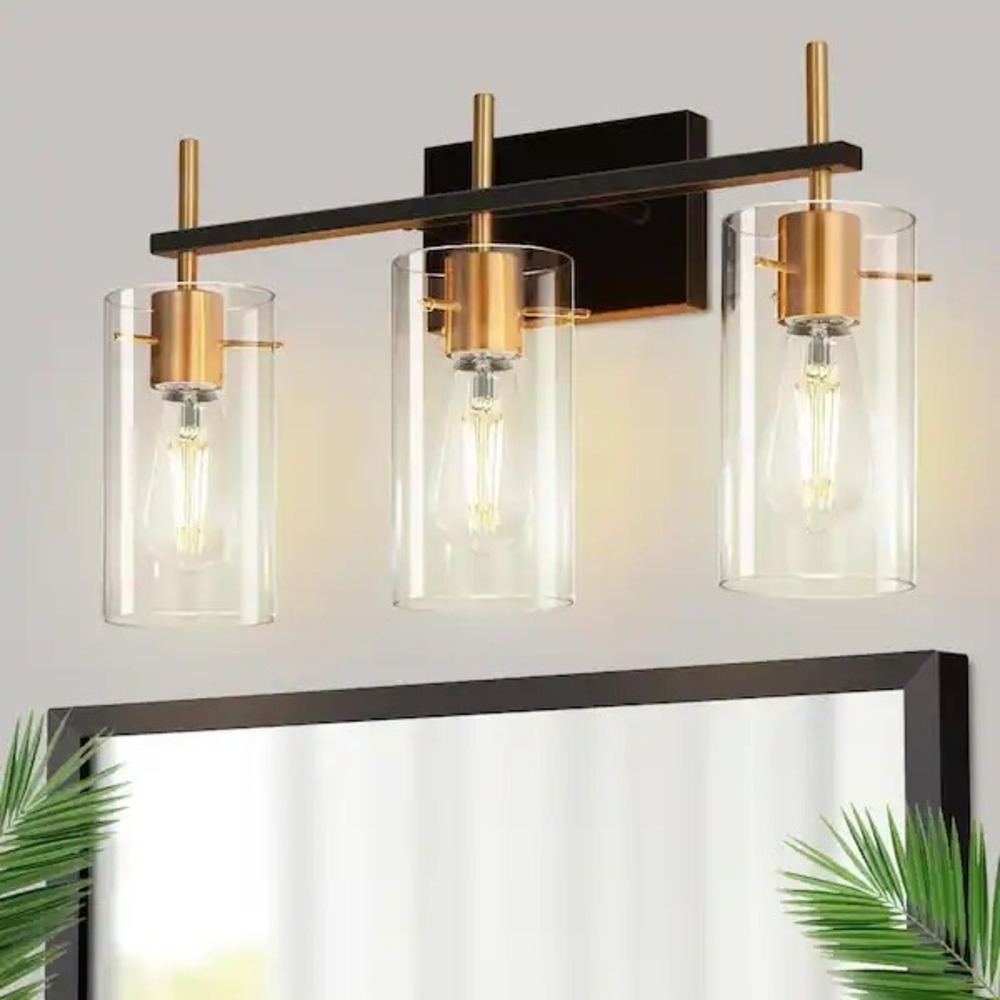 Modern 3-Light Bathroom Vanity Wall Sconce with Clear Glass Shades, Black & Gold
